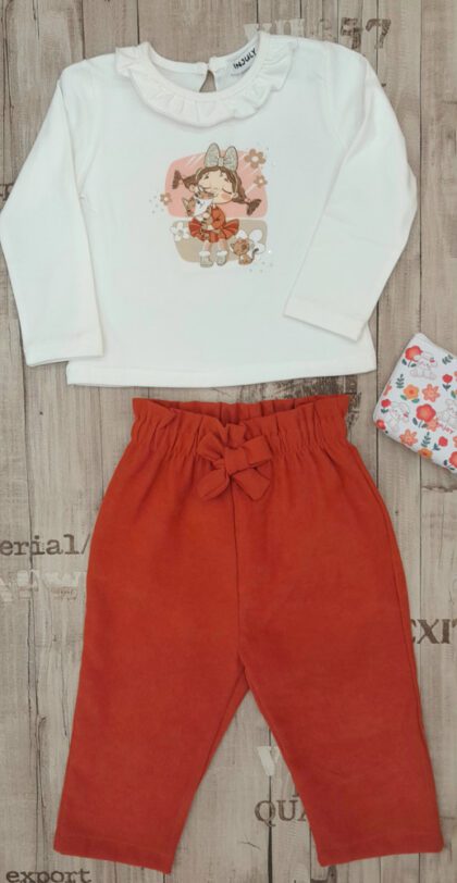 Σετ με παντελόνι "Girl and kitty" (σομόν/λευκό)